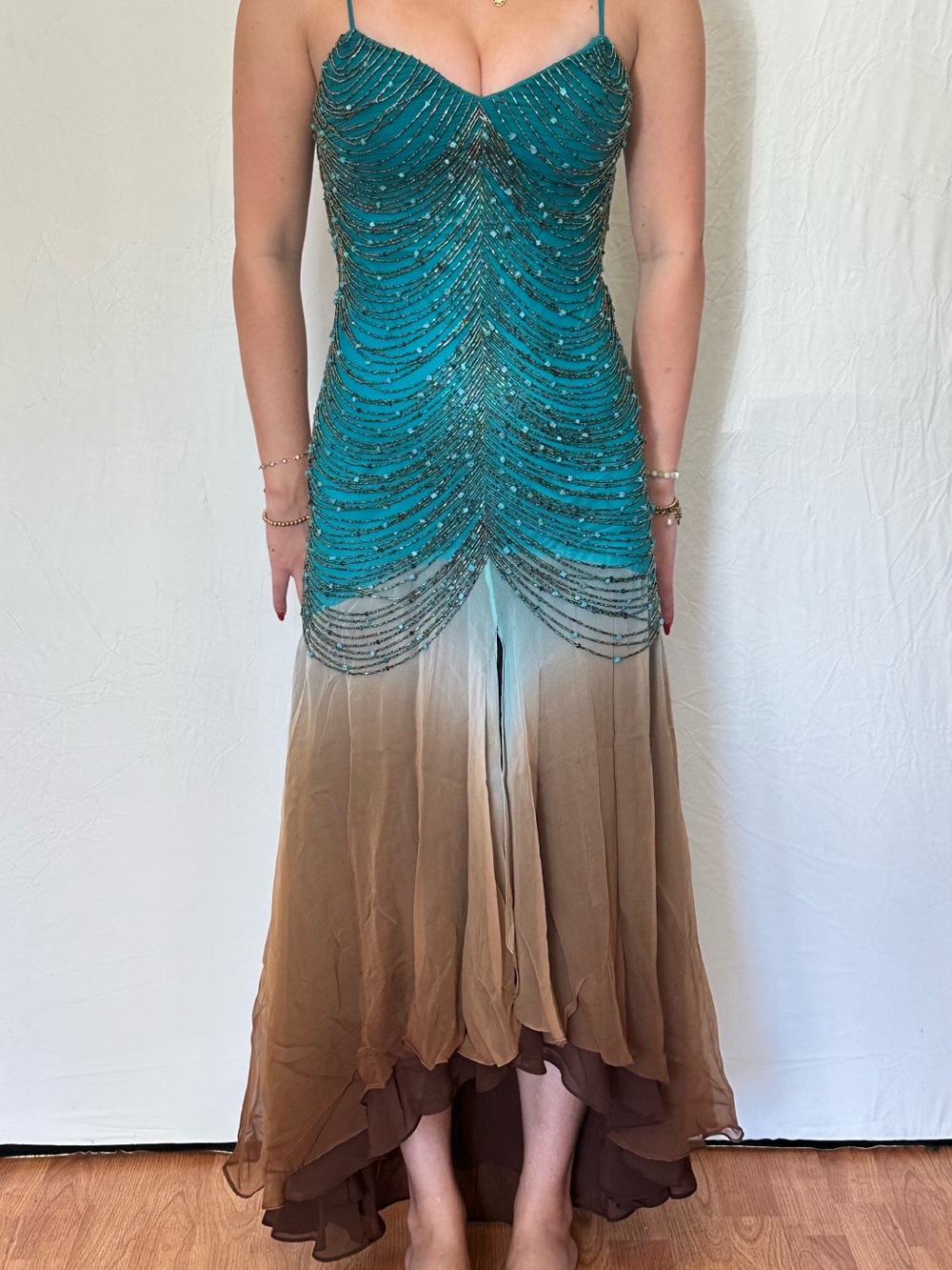 Sue Wong Teal Beaded High-Low Ombre Gown
